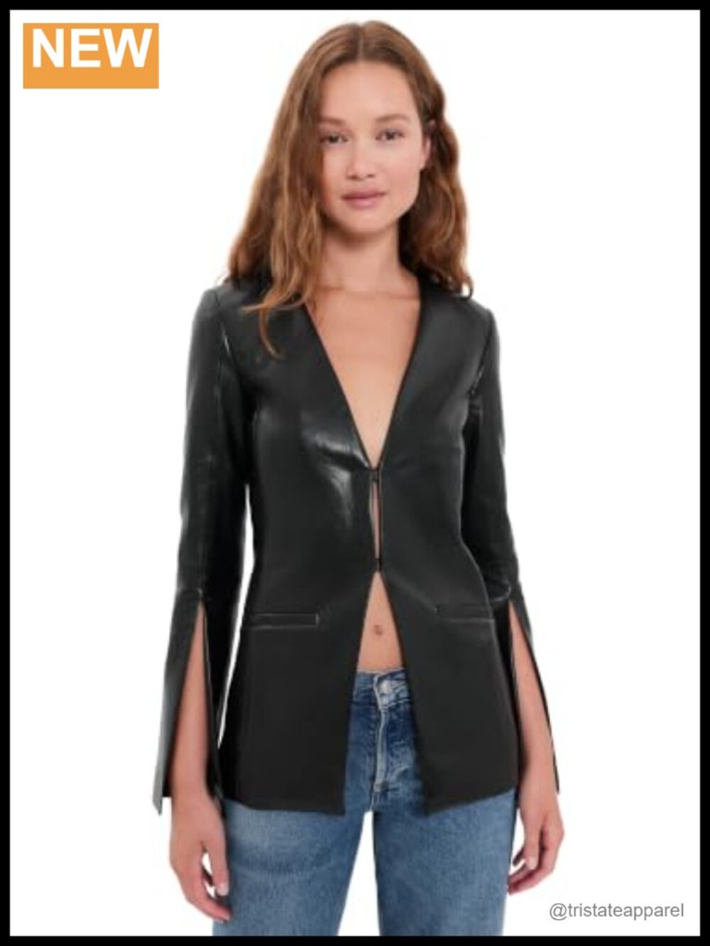 Faux Leather Slim Collarless Blazer Women's